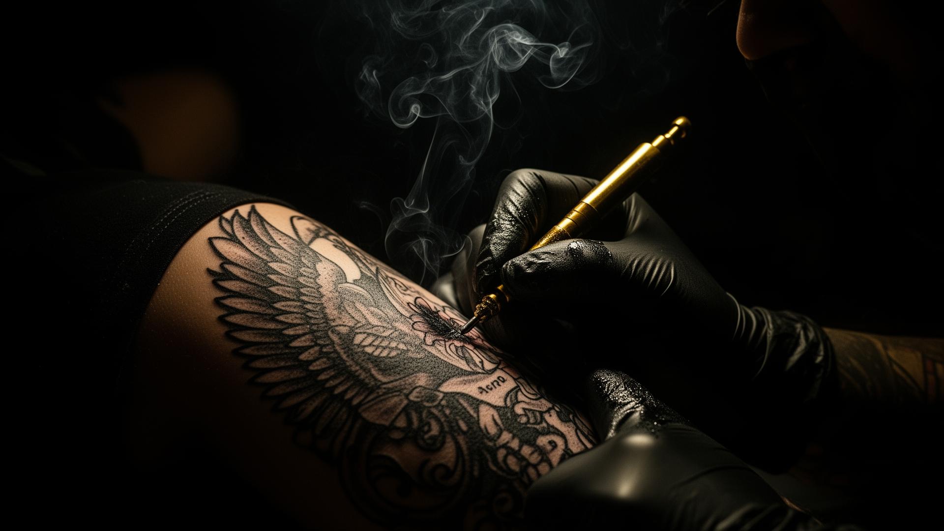 Tatuador realizando un tatuaje detallado